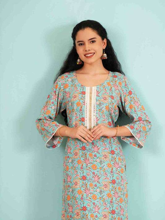 Azure Blossom: Floral Print Kurta and Pant Set