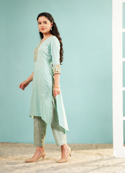 Seafoam Serenity: High-Low Embroidered Kurta and Pant Set