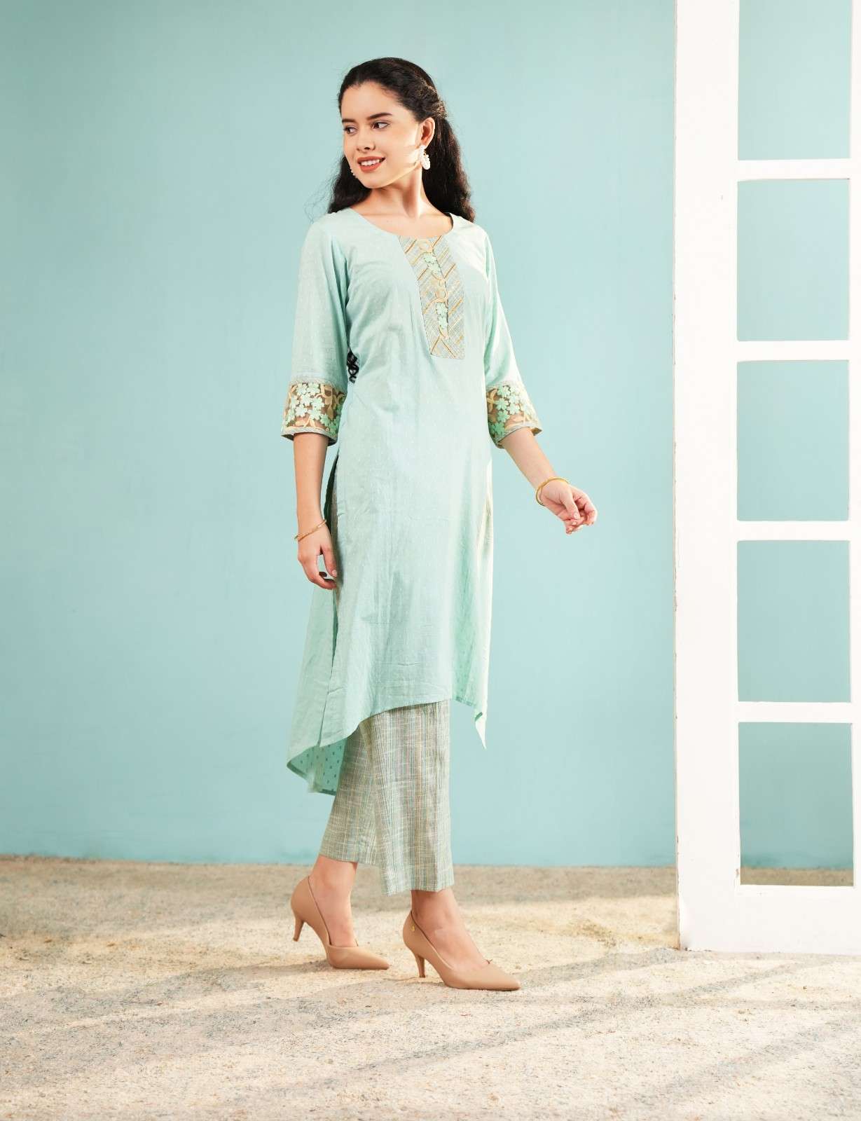 Seafoam Serenity: High-Low Embroidered Kurta and Pant Set