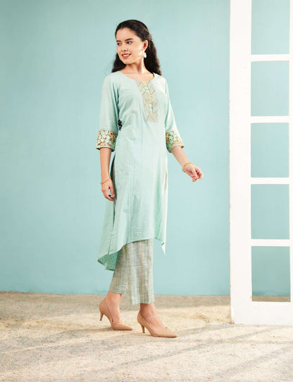 Seafoam Serenity: High-Low Embroidered Kurta and Pant Set