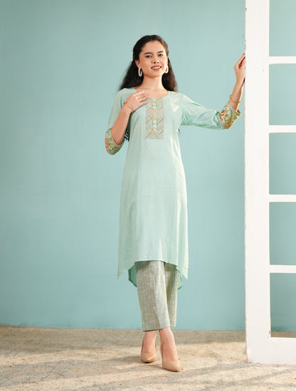 Seafoam Serenity: High-Low Embroidered Kurta and Pant Set