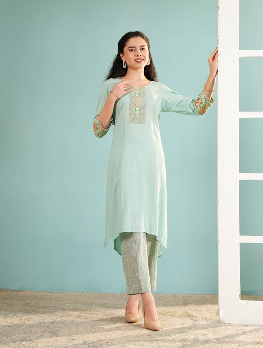 Seafoam Serenity: High-Low Embroidered Kurta and Pant Set