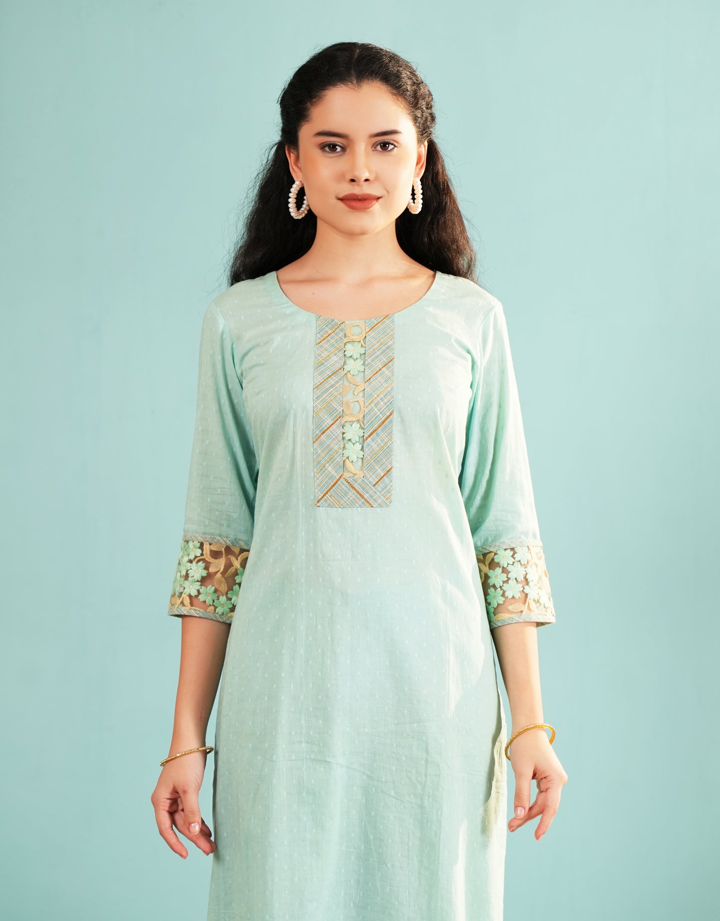 Seafoam Serenity: High-Low Embroidered Kurta and Pant Set