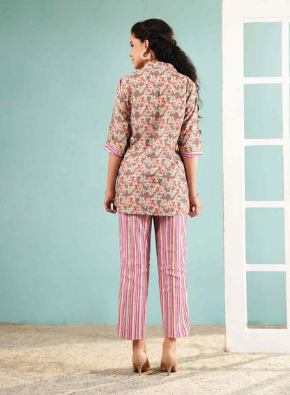 Garden Stripe: Floral Button-Down Tunic and Pant Set