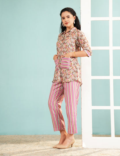 Garden Stripe: Floral Button-Down Tunic and Pant Set