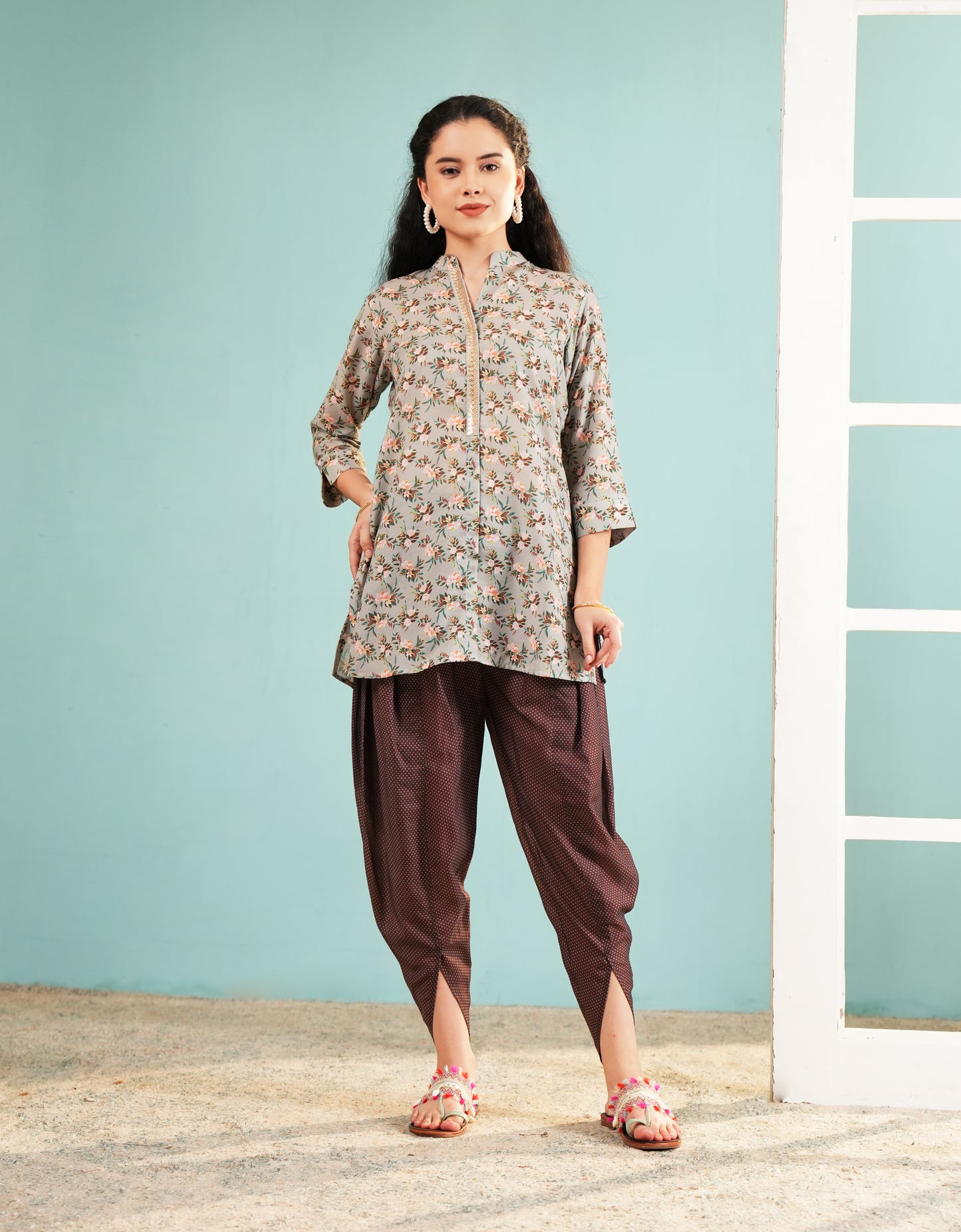 Sage Blossom Fusion Tunic & Dhoti Ensemble