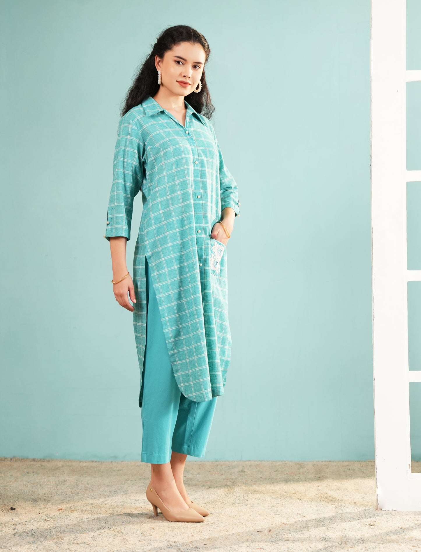 Azure Grid Longline Shirt Co-ord