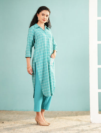 Azure Grid Longline Shirt Co-ord