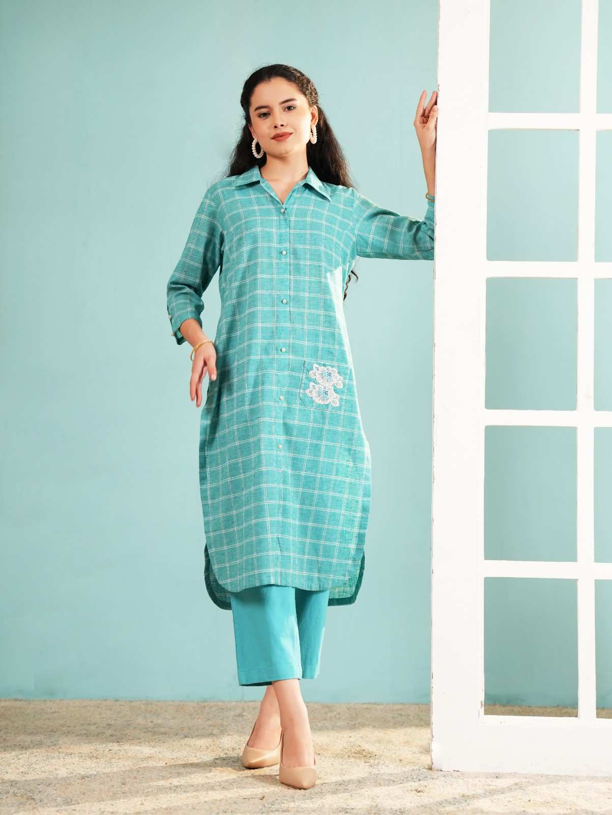 Azure Grid Longline Shirt Co-ord