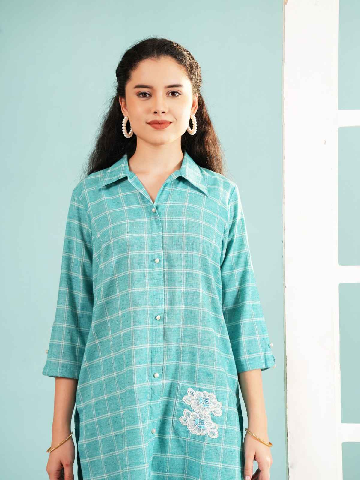 Azure Grid Longline Shirt Co-ord