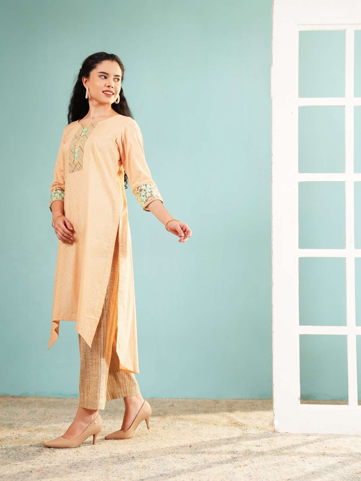 Peach Serenity: High-Low Embroidered Kurta and Pant Set