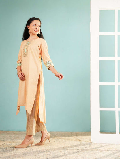 Peach Serenity: High-Low Embroidered Kurta and Pant Set
