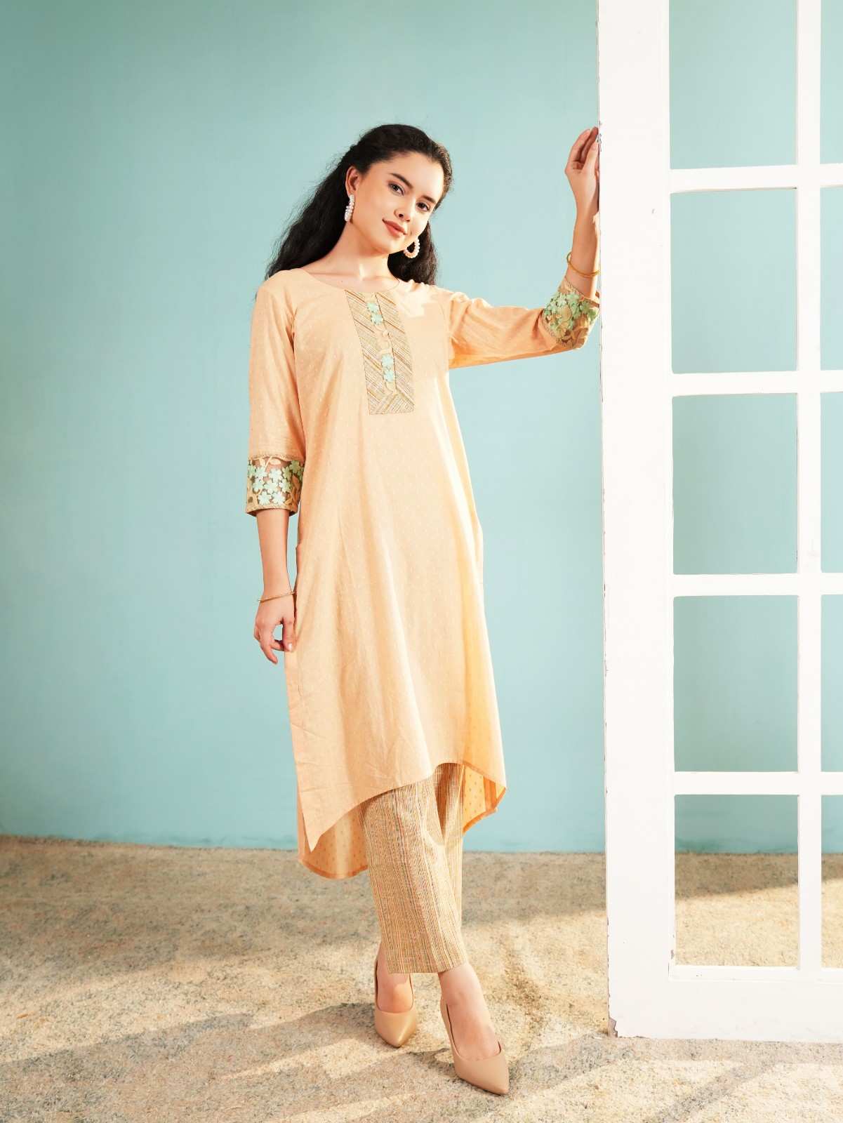 Peach Serenity: High-Low Embroidered Kurta and Pant Set