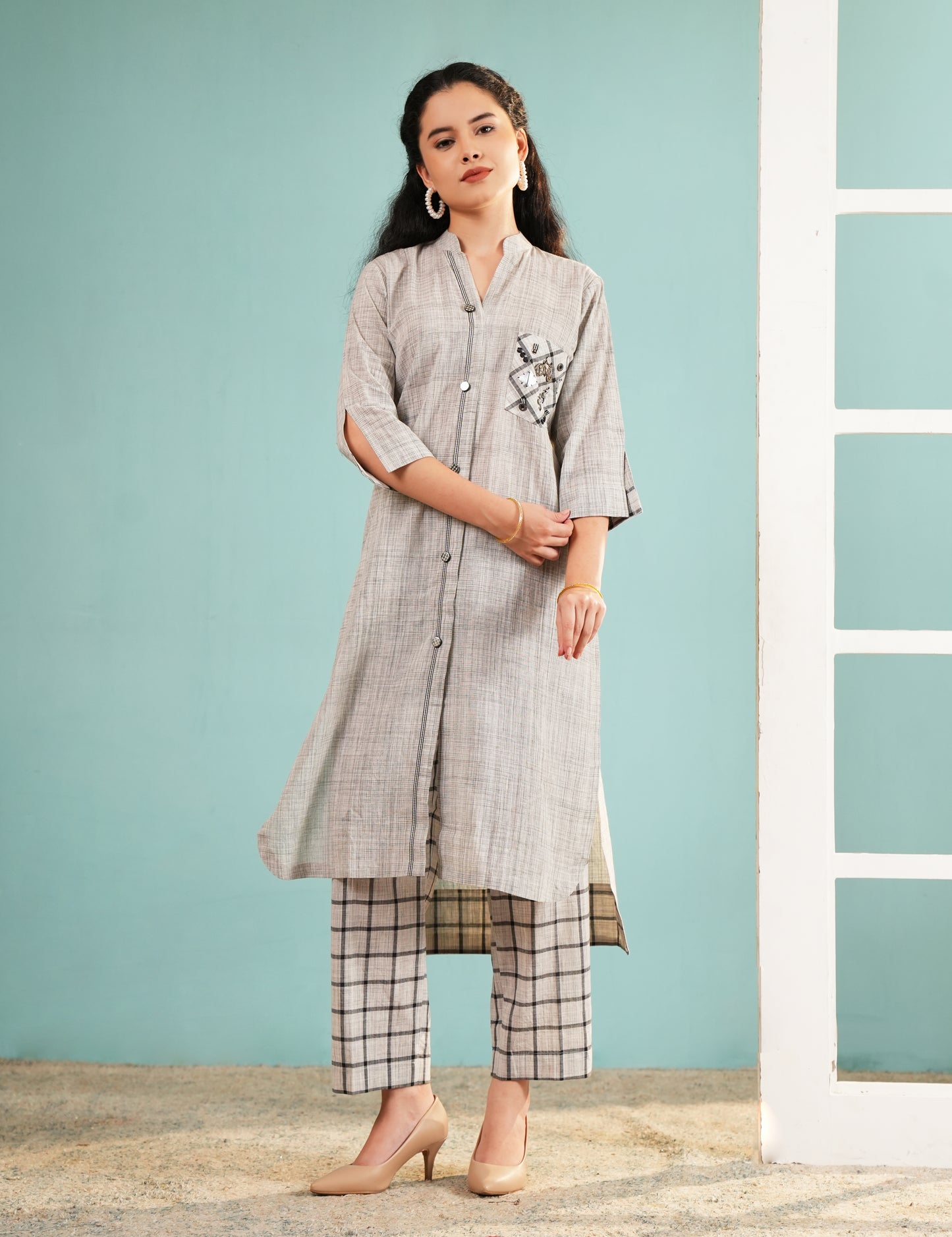 Oatmeal Melange Fusion Kurta Set