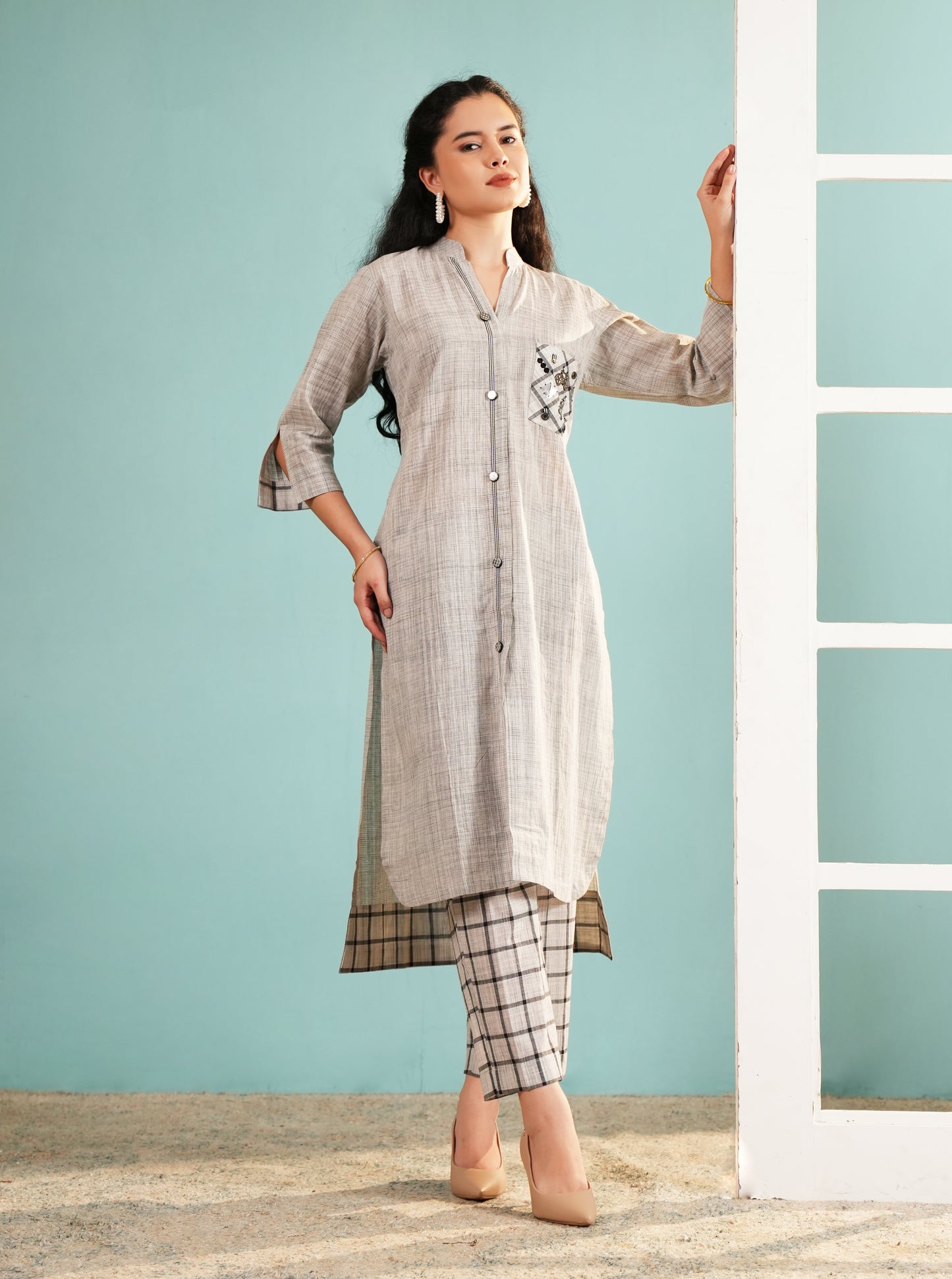 Oatmeal Melange Fusion Kurta Set