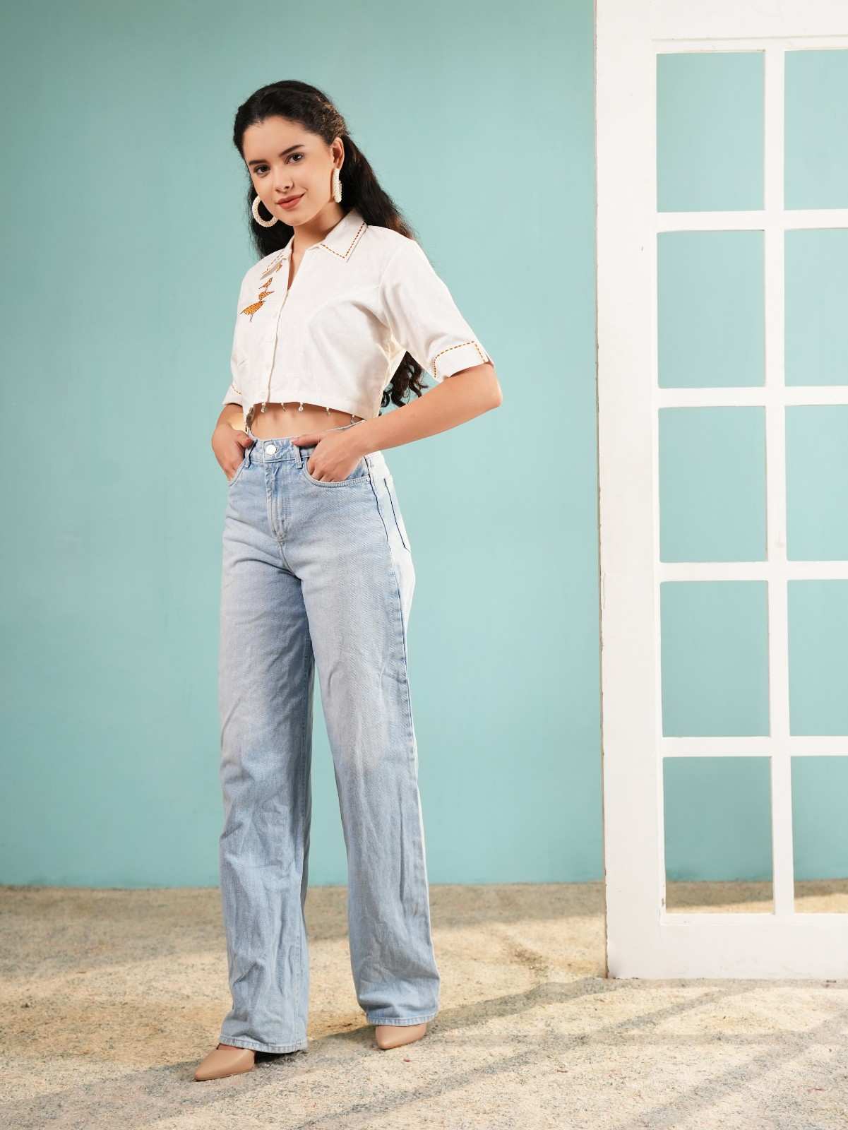 Birdie Chic: White Embroidered Crop Shirt