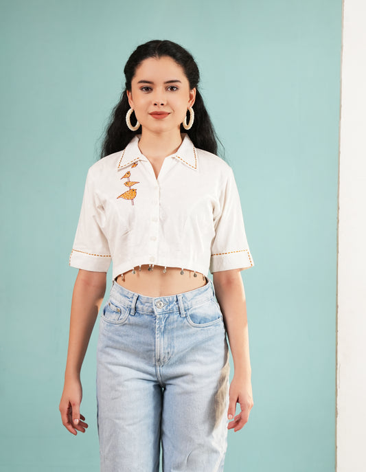 Birdie Chic: White Embroidered Crop Shirt