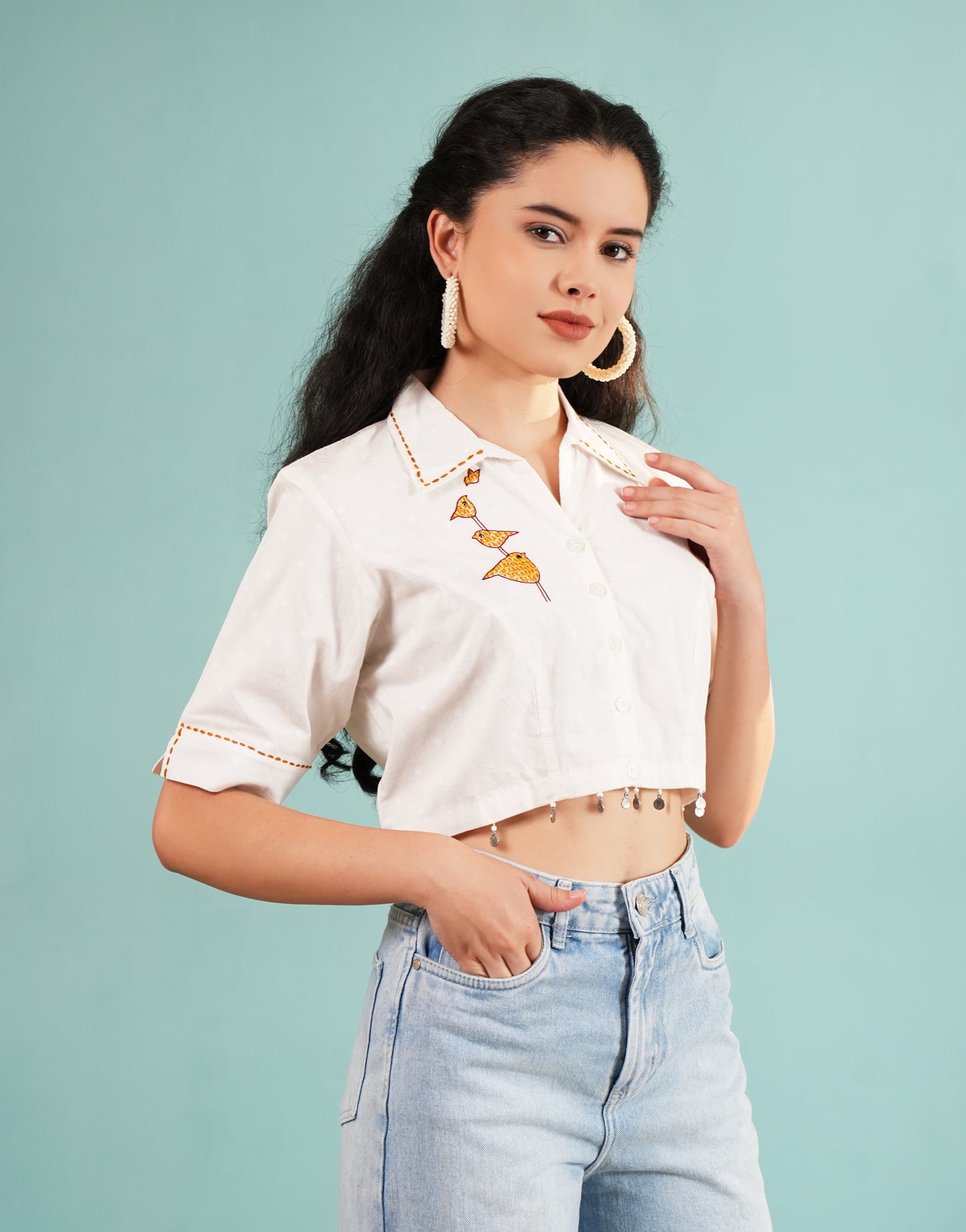 Birdie Chic: White Embroidered Crop Shirt