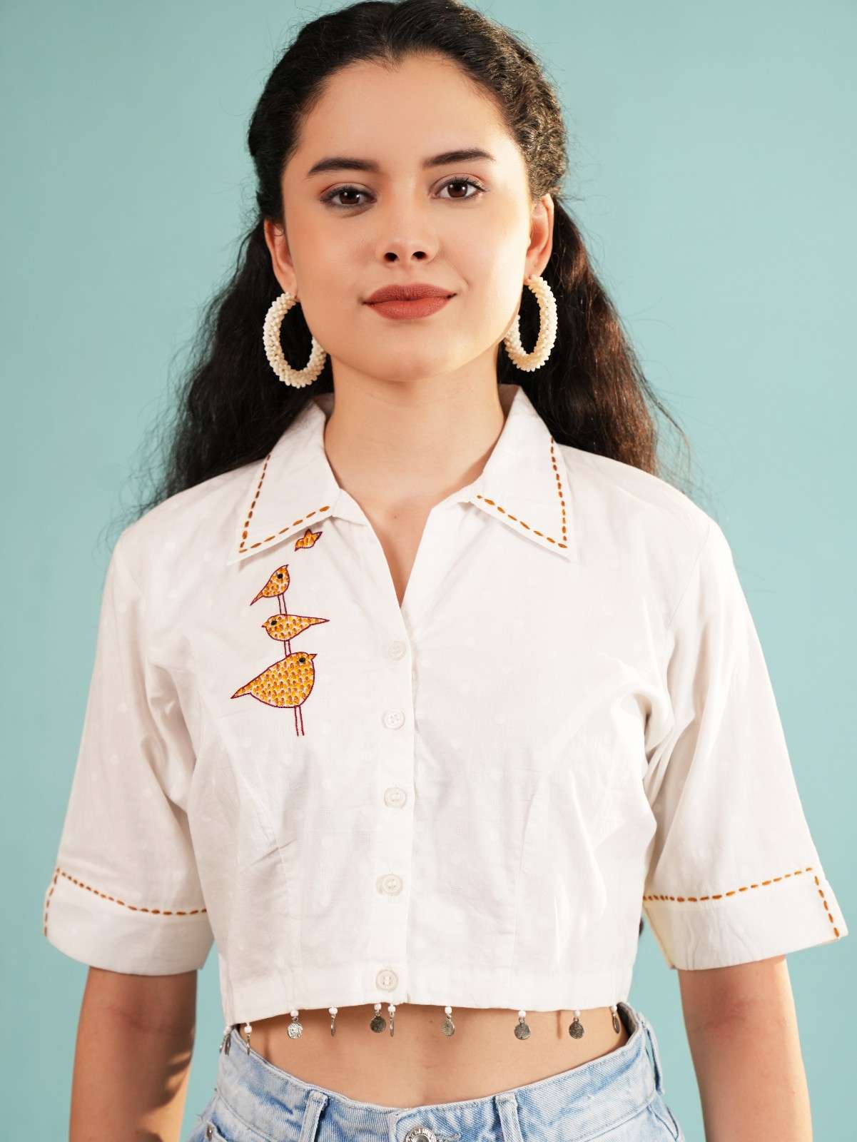 Birdie Chic: White Embroidered Crop Shirt