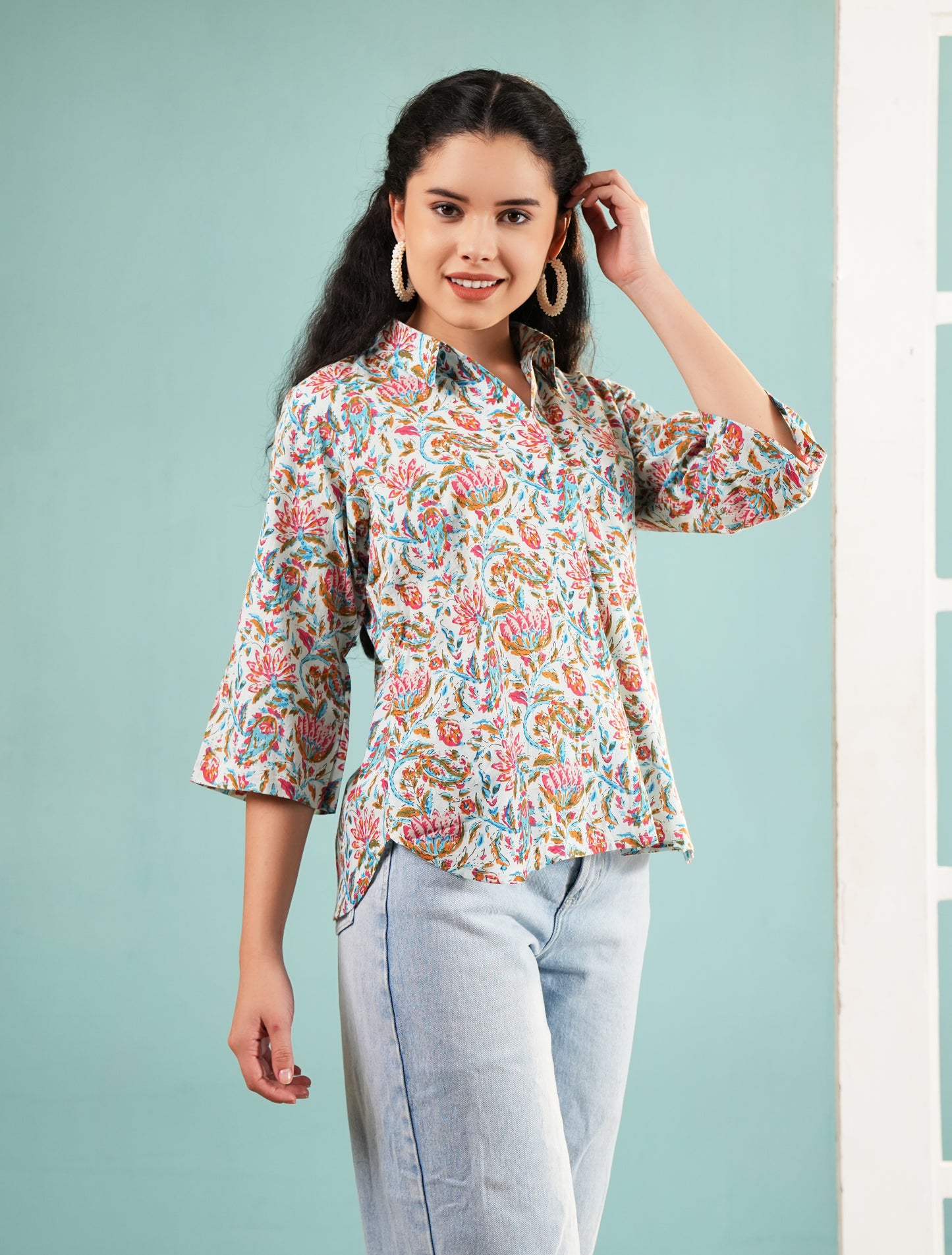 Bloom Bliss: Multi-Color Floral Collared Tunic