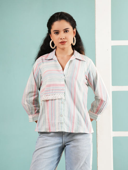 Pastel Parallel: Striped Fusion Shirt with Fringe Detail