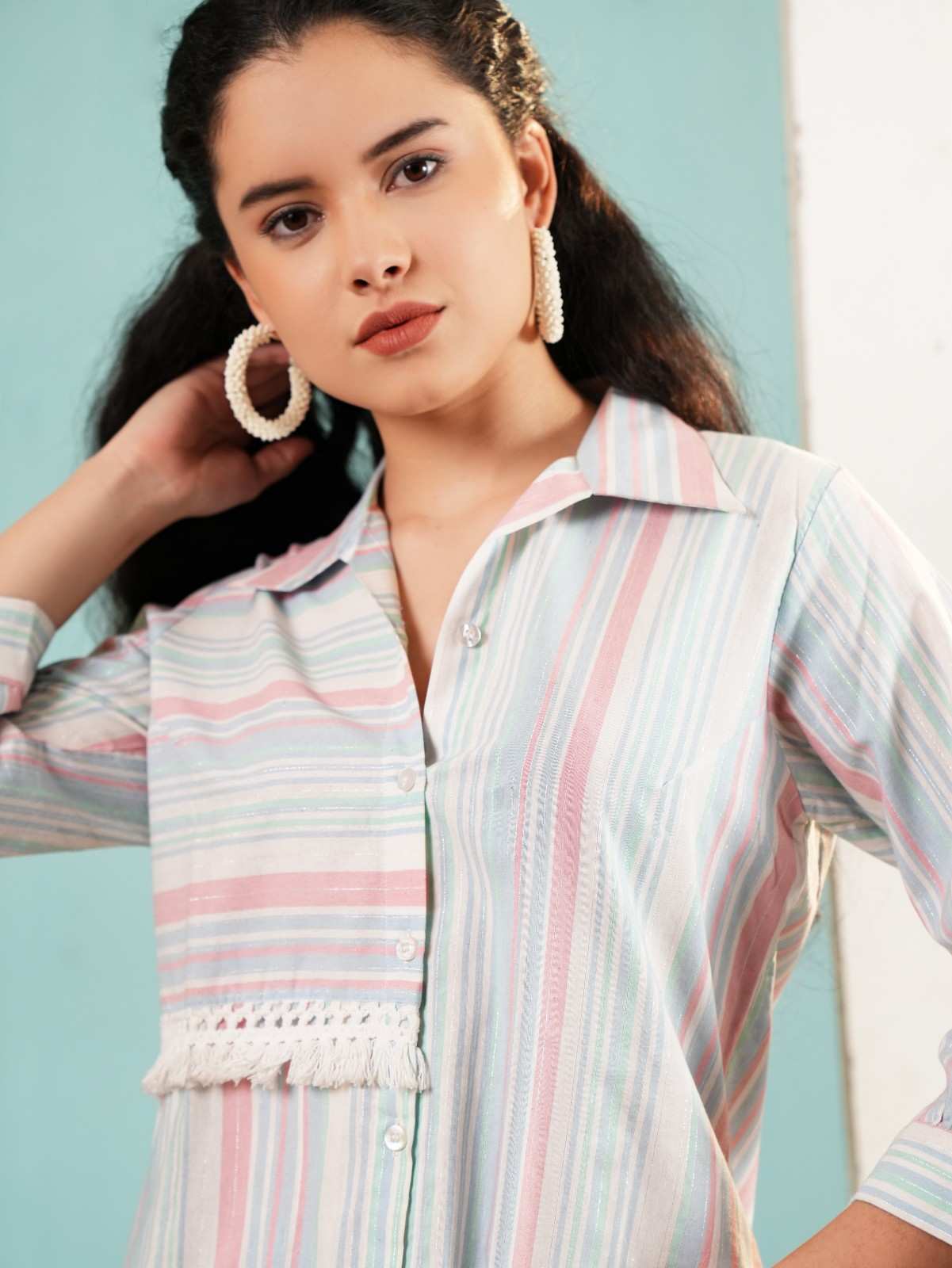Pastel Parallel: Striped Fusion Shirt with Fringe Detail