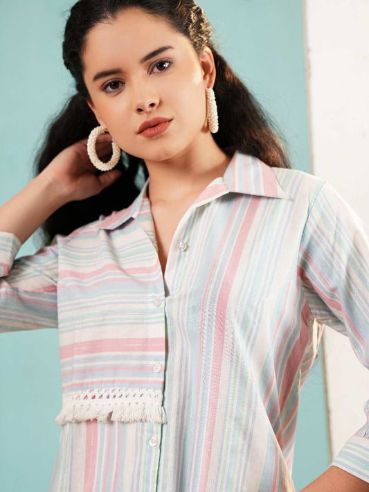 Pastel Parallel: Striped Fusion Shirt with Fringe Detail