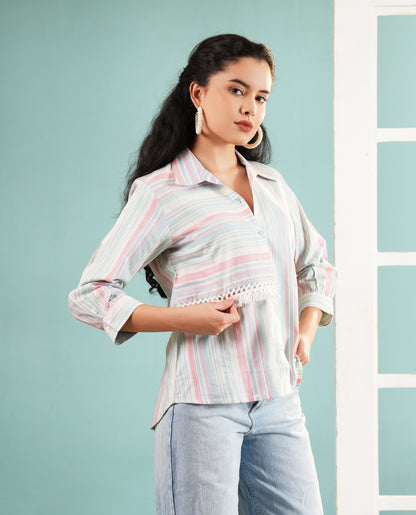 Pastel Parallel: Striped Fusion Shirt with Fringe Detail