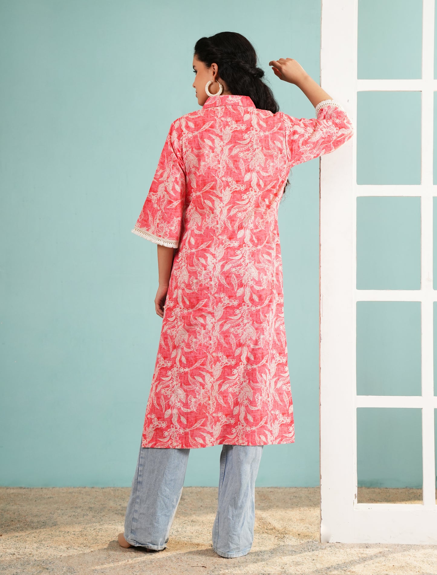 Coral Blossom: Leaf Print Button-Down Longline Tunic