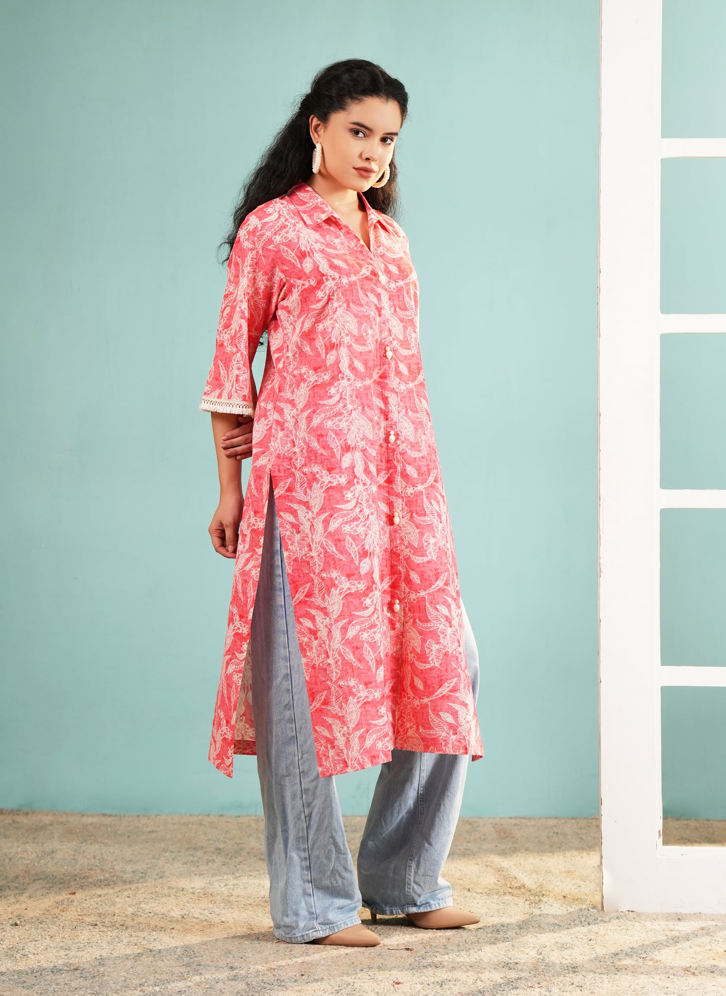 Coral Blossom: Leaf Print Button-Down Longline Tunic