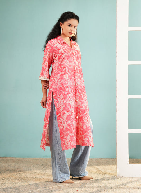 Coral Blossom: Leaf Print Button-Down Longline Tunic