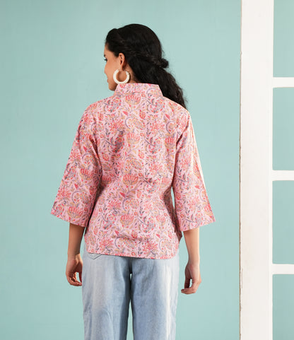 Blush Floral Print Collared Tunic Shirt – Contemporary Fusion Wear