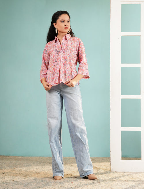 Blush floral collared tunic shirt with button placket and three-quarter sleeves