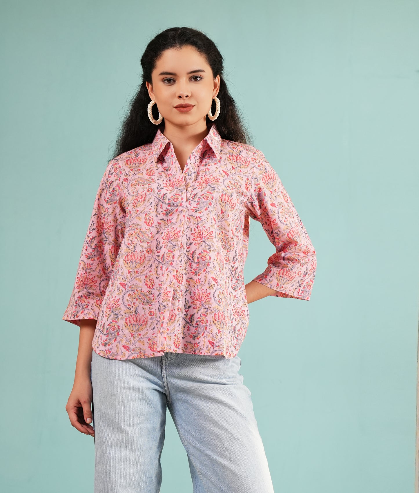 Blush Floral Print Collared Tunic Shirt – Contemporary Fusion Wear