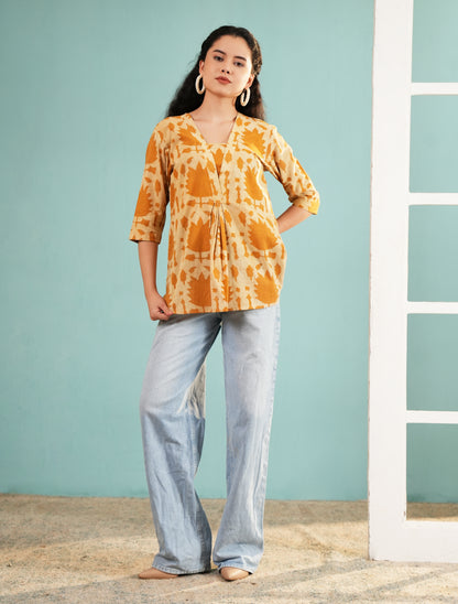 Amber Earth: Leaf Print V-Neck Pleated Tunic