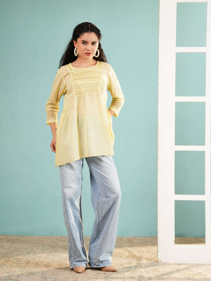 Lemon Haze: Embroidered Pastel Yellow Tunic