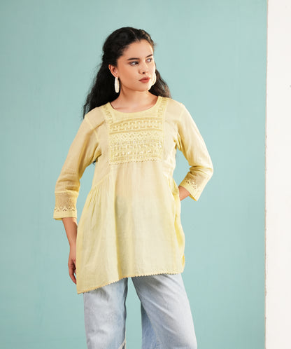 Lemon Haze: Embroidered Pastel Yellow Tunic