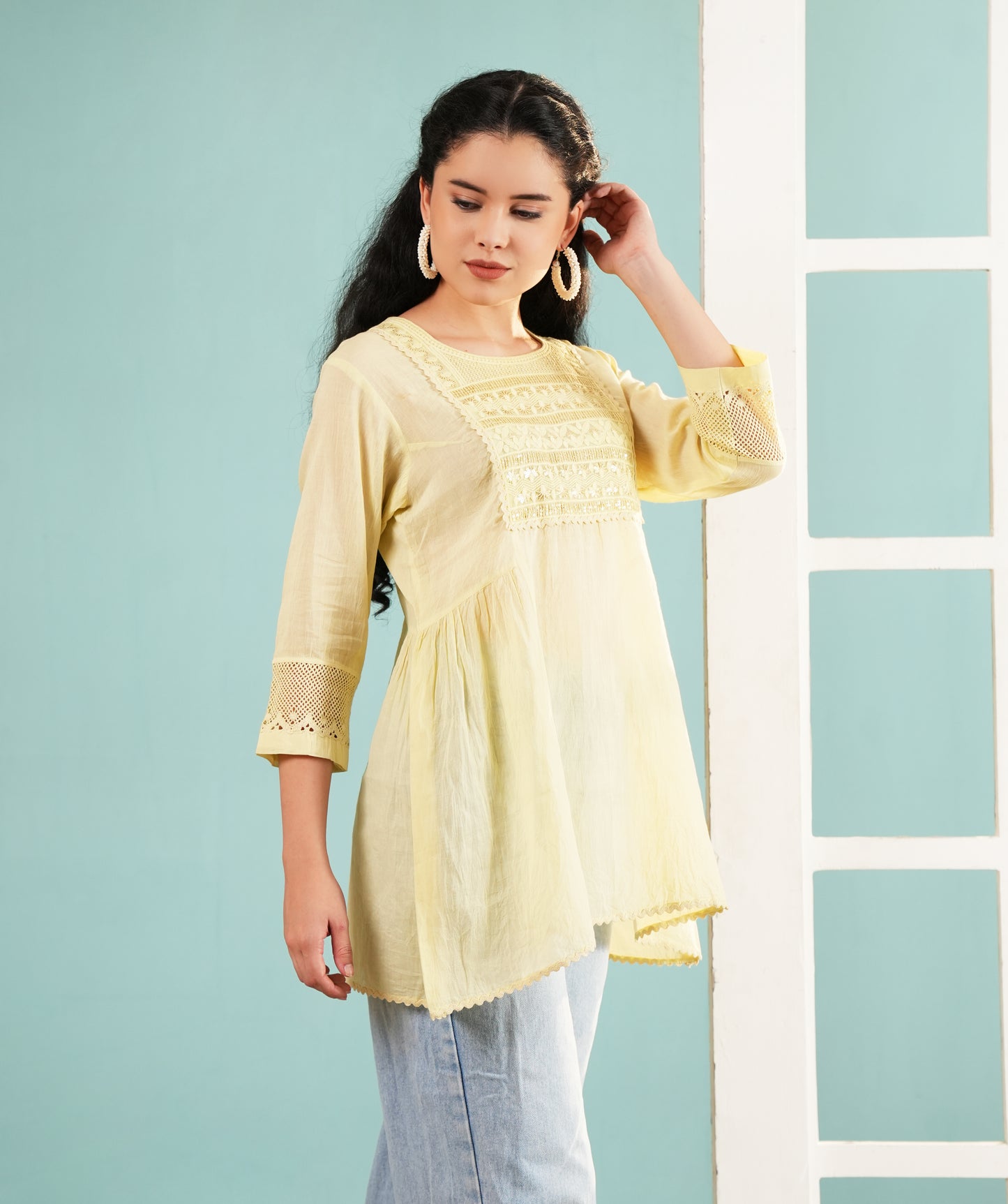 Lemon Haze: Embroidered Pastel Yellow Tunic