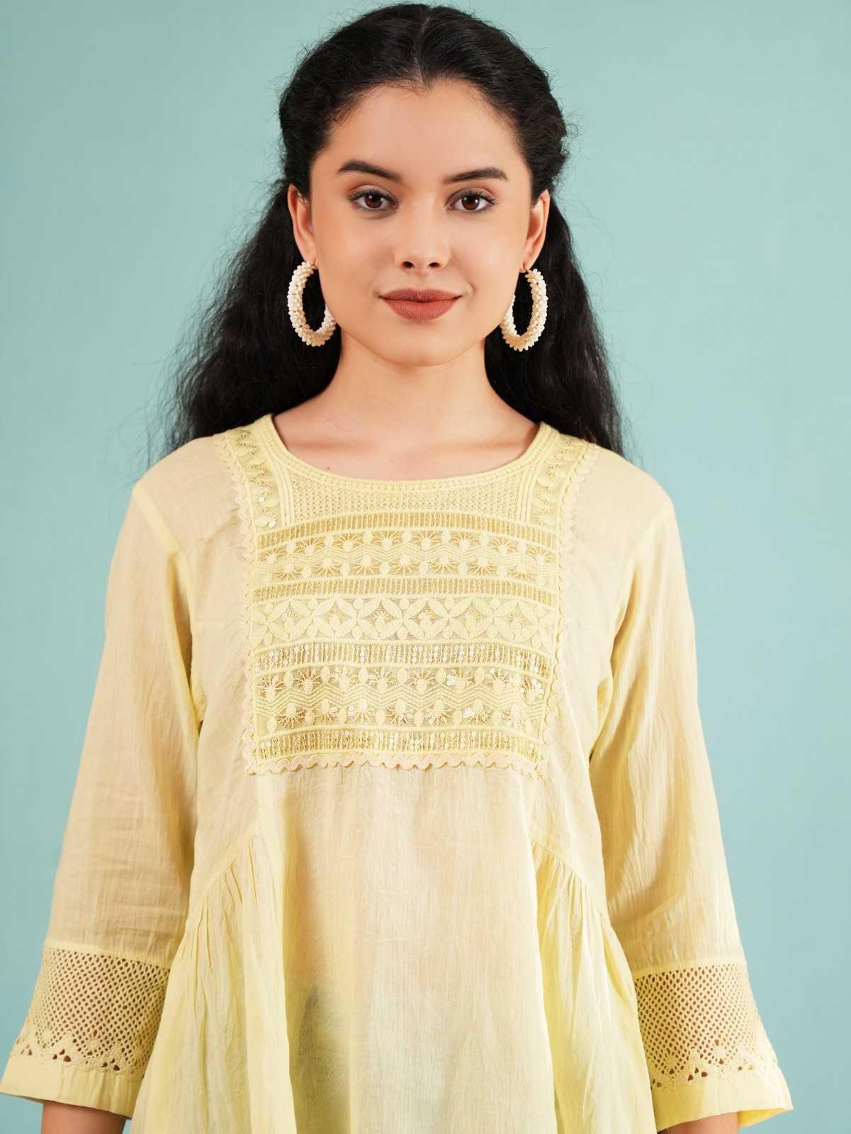 Lemon Haze: Embroidered Pastel Yellow Tunic