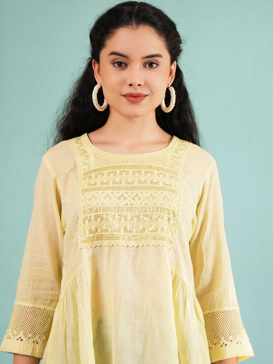 Lemon Haze: Embroidered Pastel Yellow Tunic