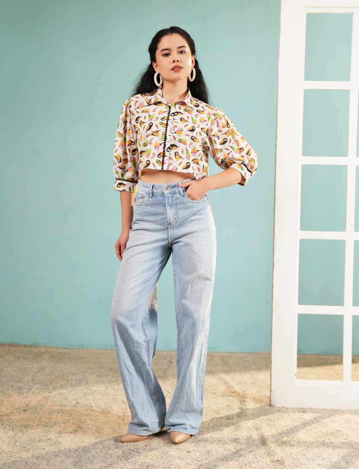 Tropical Aviary: Bird Print Cropped Shirt