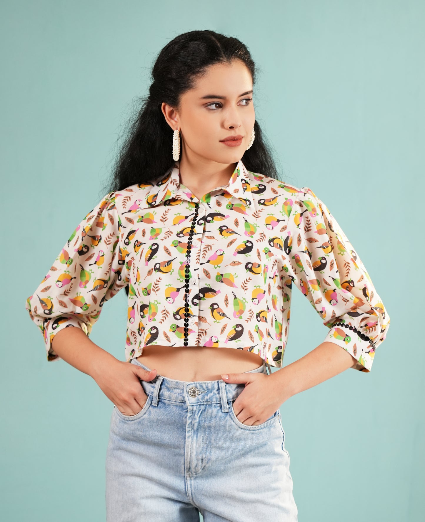 Tropical Aviary: Bird Print Cropped Shirt