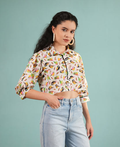 Tropical Aviary: Bird Print Cropped Shirt