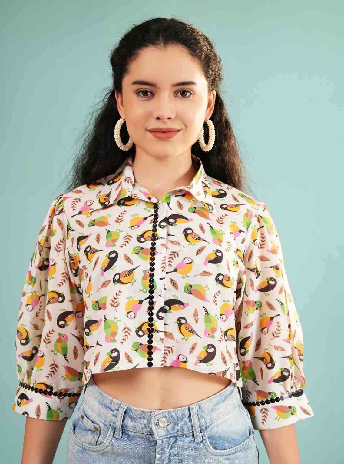 Tropical Aviary: Bird Print Cropped Shirt