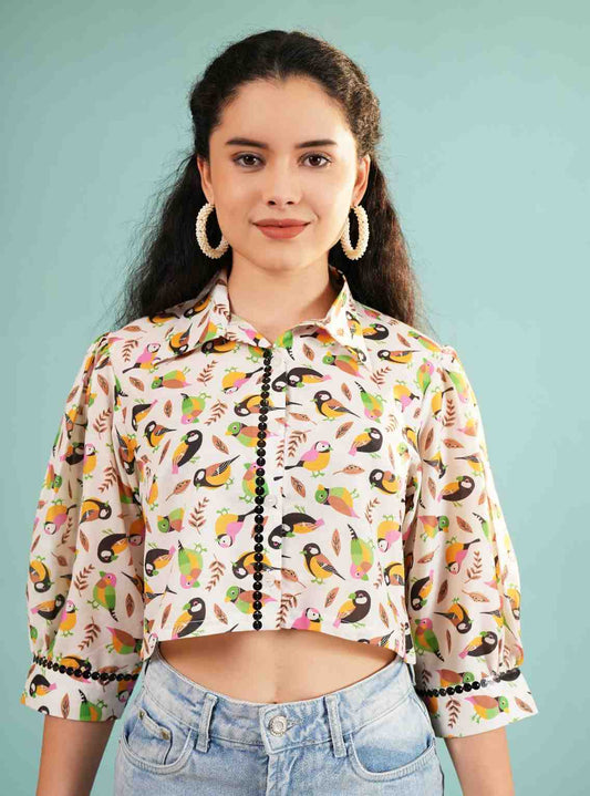 Tropical Aviary: Bird Print Cropped Shirt