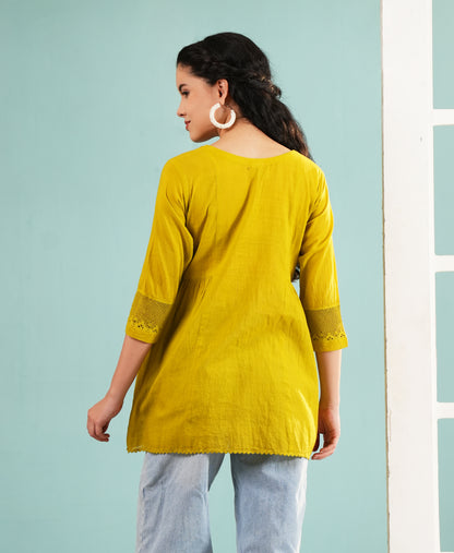 Olive Glow: Embroidered Flared Cotton Tunic