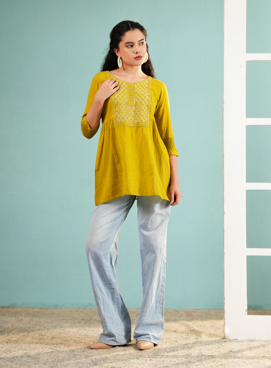 Olive Glow: Embroidered Flared Cotton Tunic