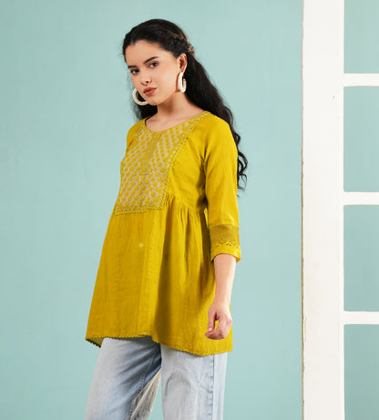Olive Glow: Embroidered Flared Cotton Tunic