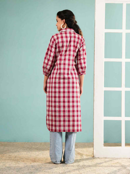 Crimson Check: Longline Button-Down Cotton Shirt