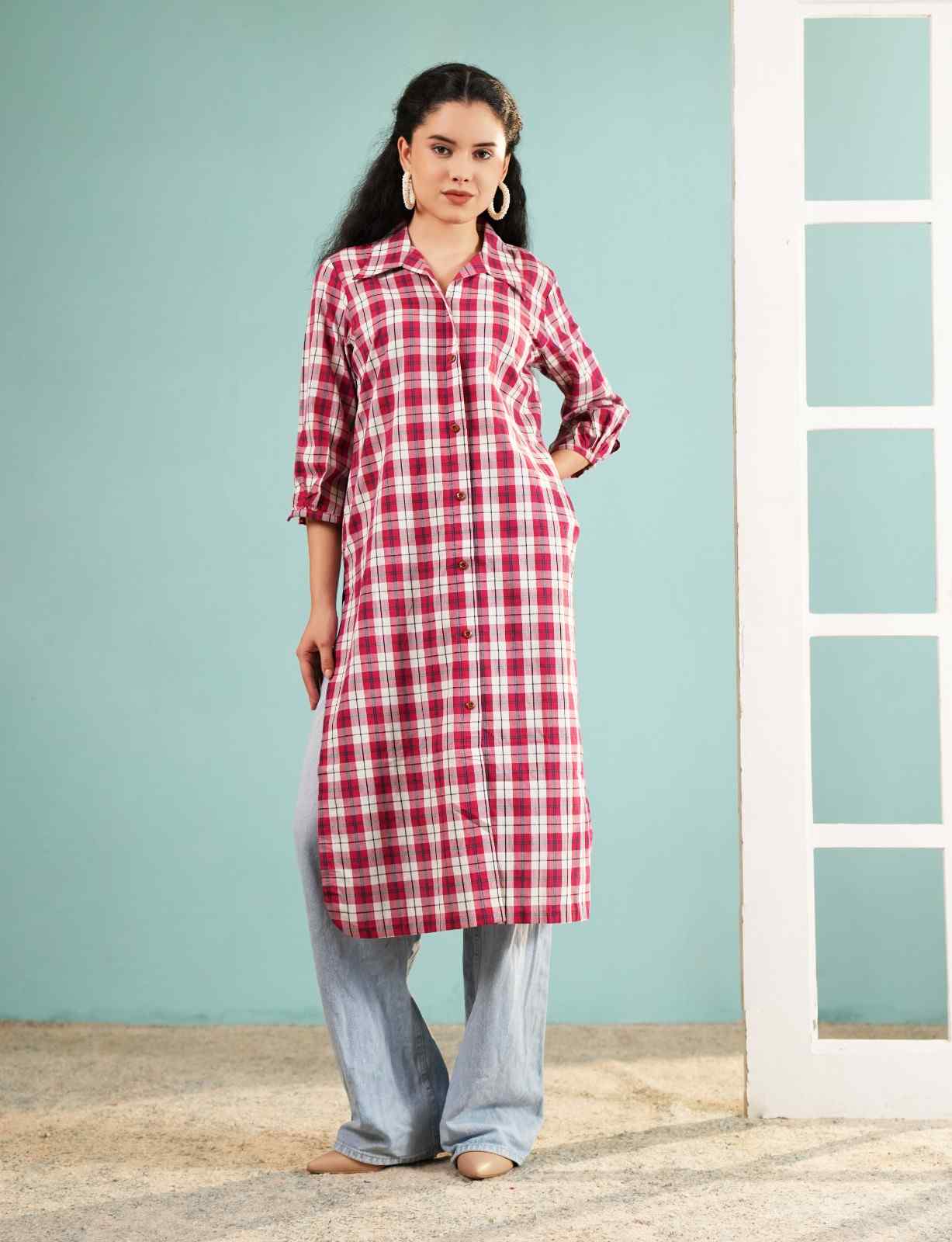 Crimson Check: Longline Button-Down Cotton Shirt